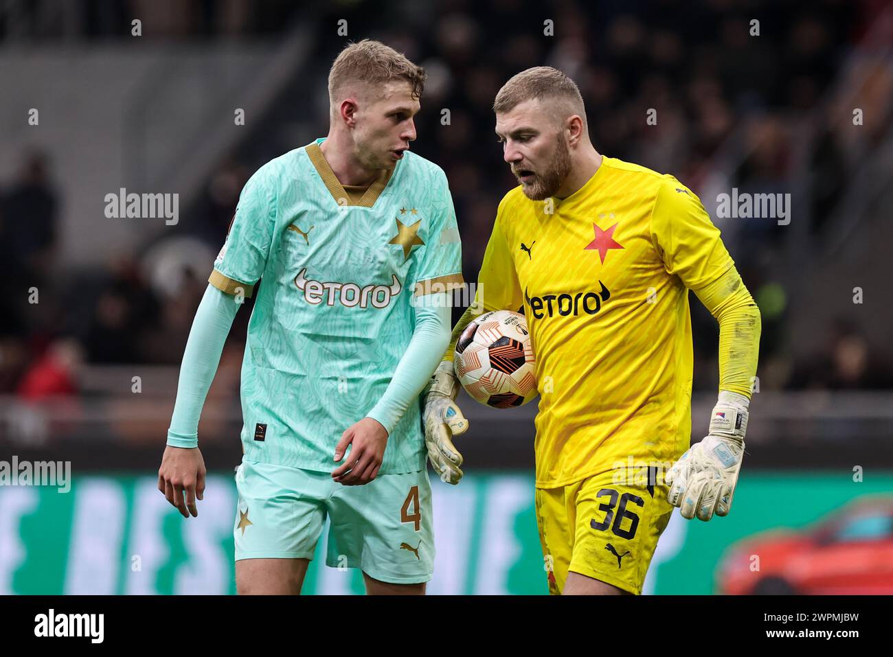 Milan, Italy, 07st Mar, 2024. Stanek and Zima during the match between Milan and Slavia Prague for UEFA Europa League at Giuseppe Meazza stadium, Mila Stock Photo