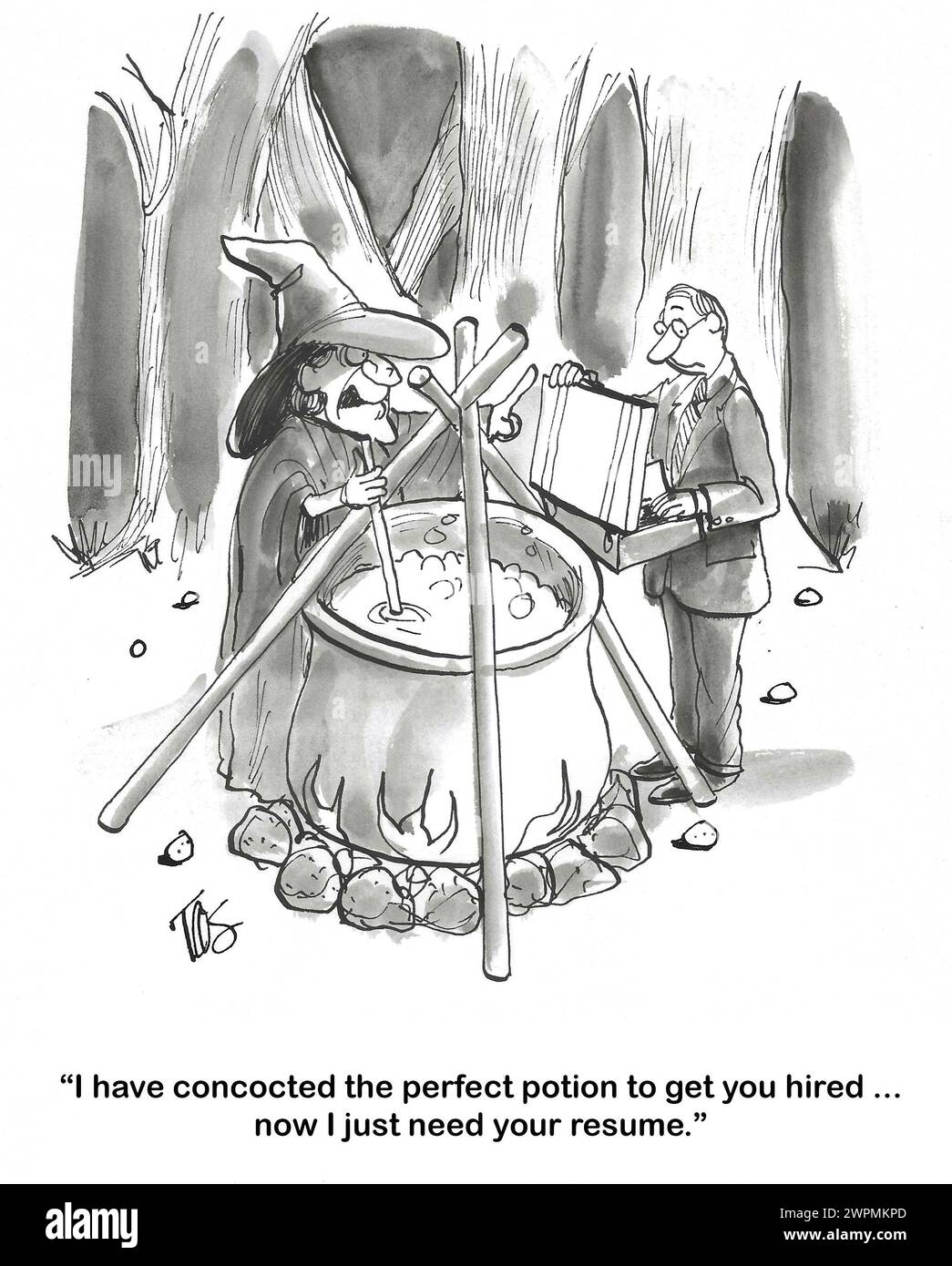 BW cartoon of a witch creation a potion that will help the man find a new job. Stock Photo