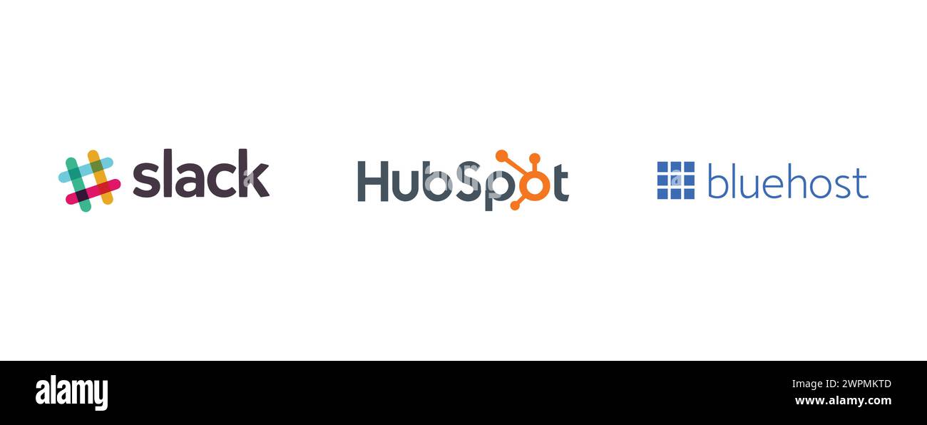 HubSpot, BlueHost, Slack. Collection of top brand logo. Stock Vector
