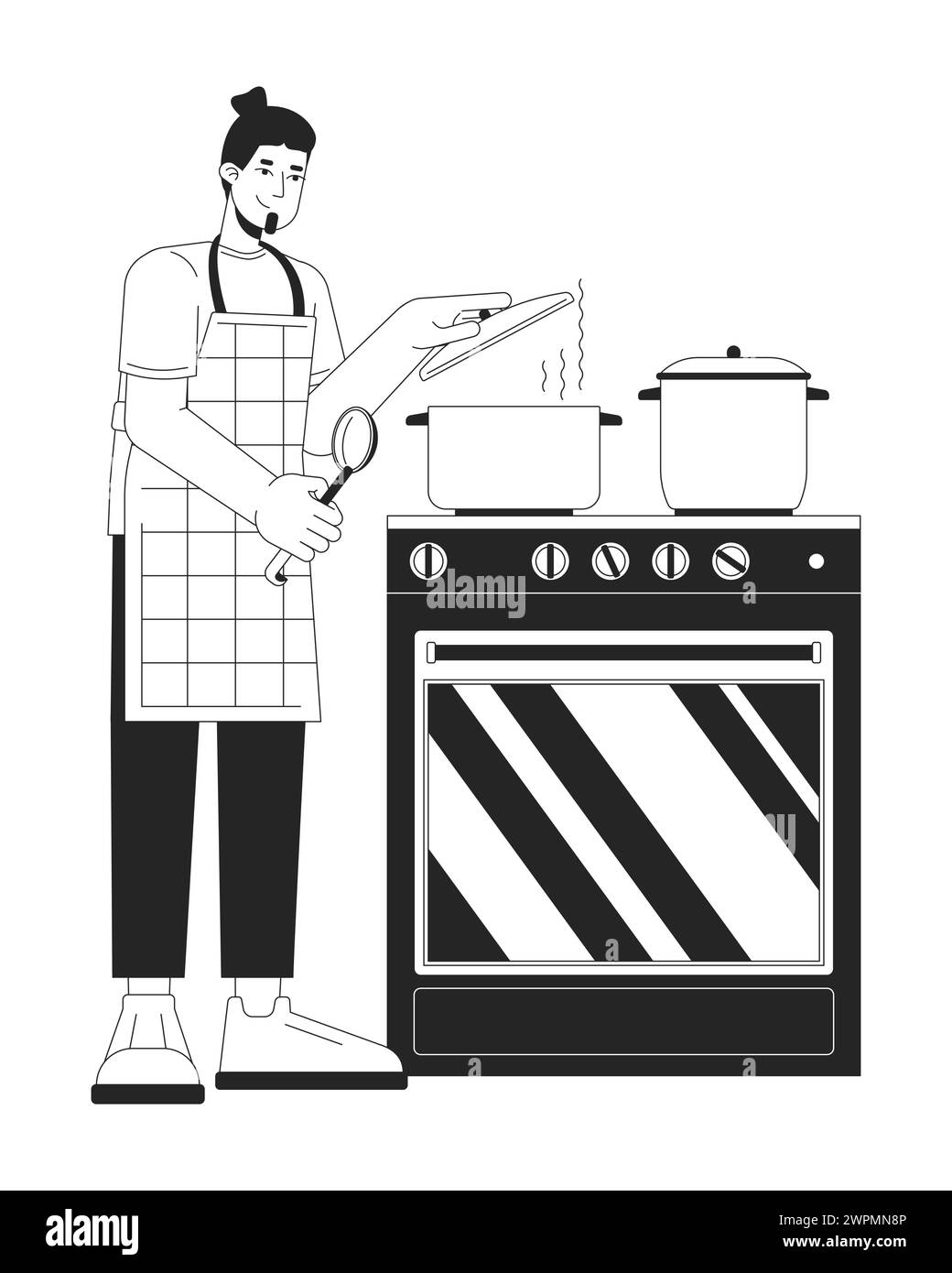 Covering pot with lid while cooking black and white cartoon flat