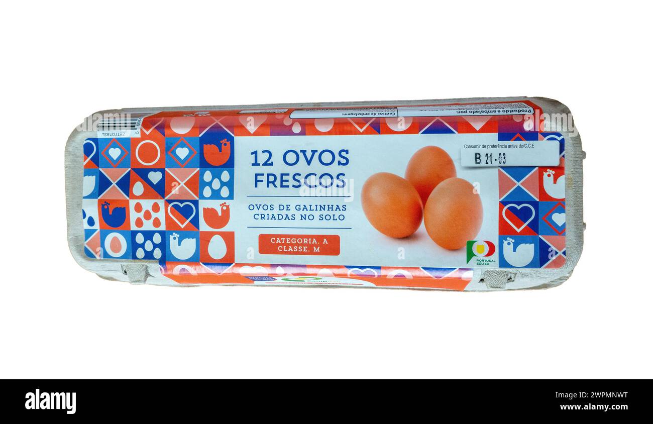 Portuguese Carton Of A Dozen Brown Eggs In Retail Packaging From A Supermarket In Portugal March