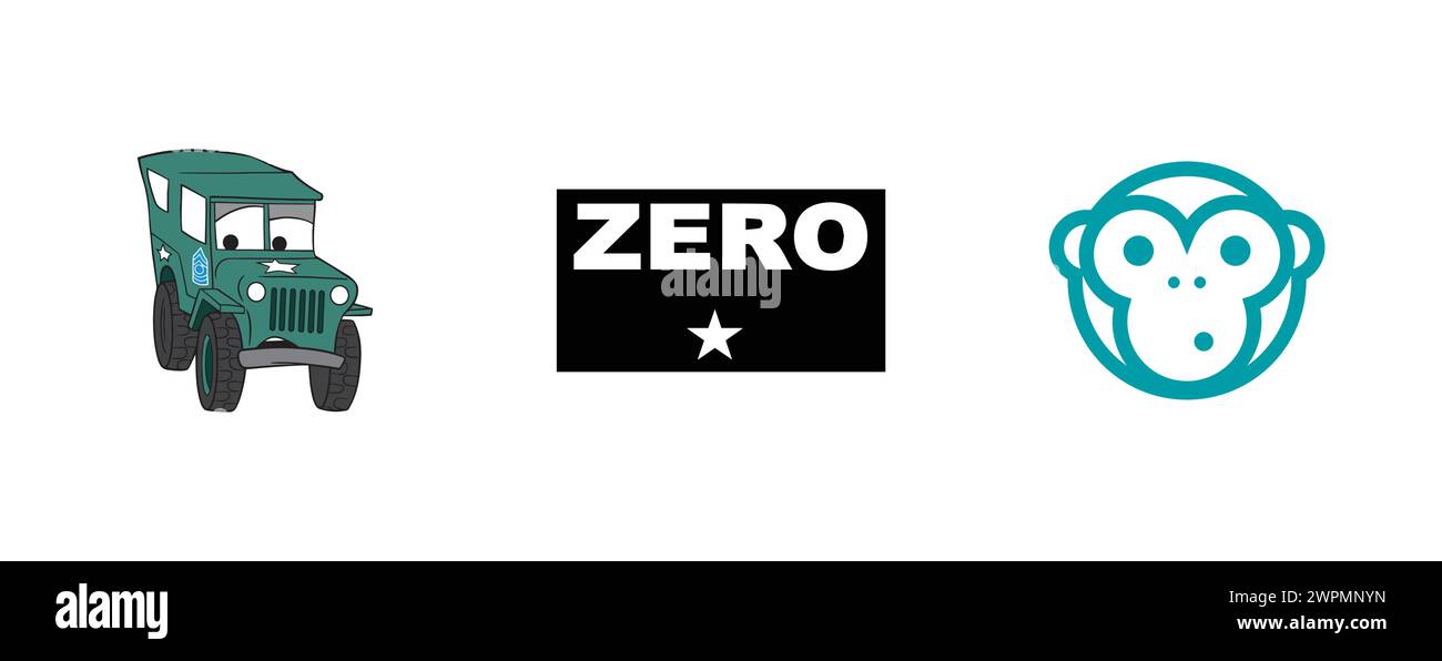 Smashing Pumpkins Zero, Cars Sarge, Chimpanzee. Editorial vector logo collection. Stock Vector