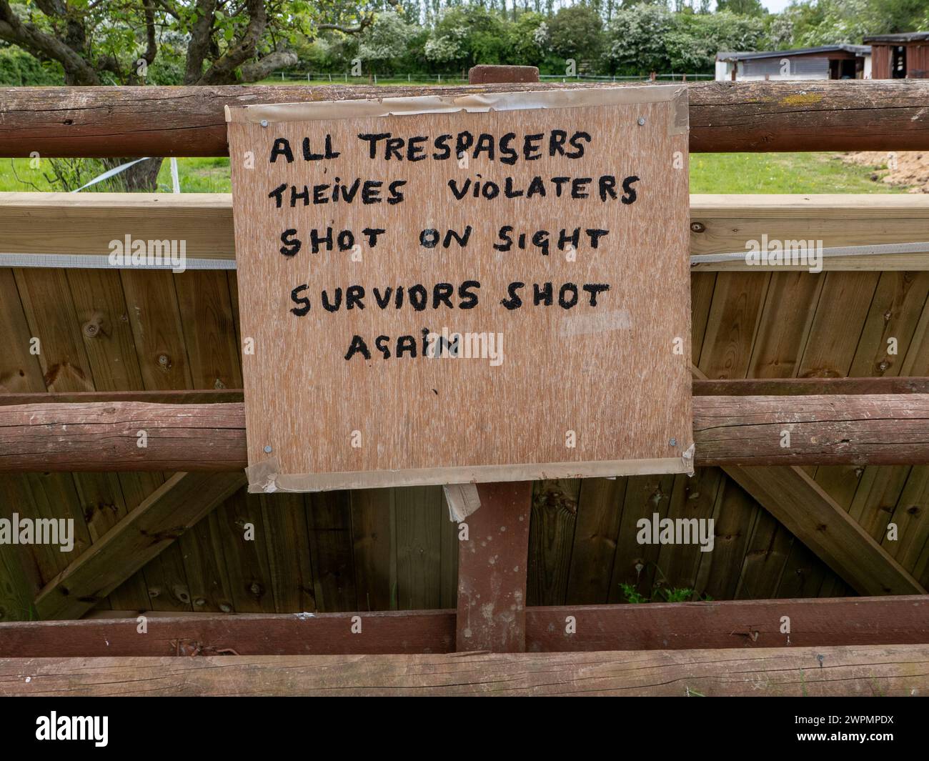 Trespass sign in rural area in Rayleigh, Essex Stock Photo