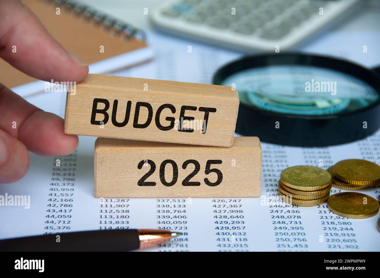 Hand holding wooden block with text Budget 2025 with financial data