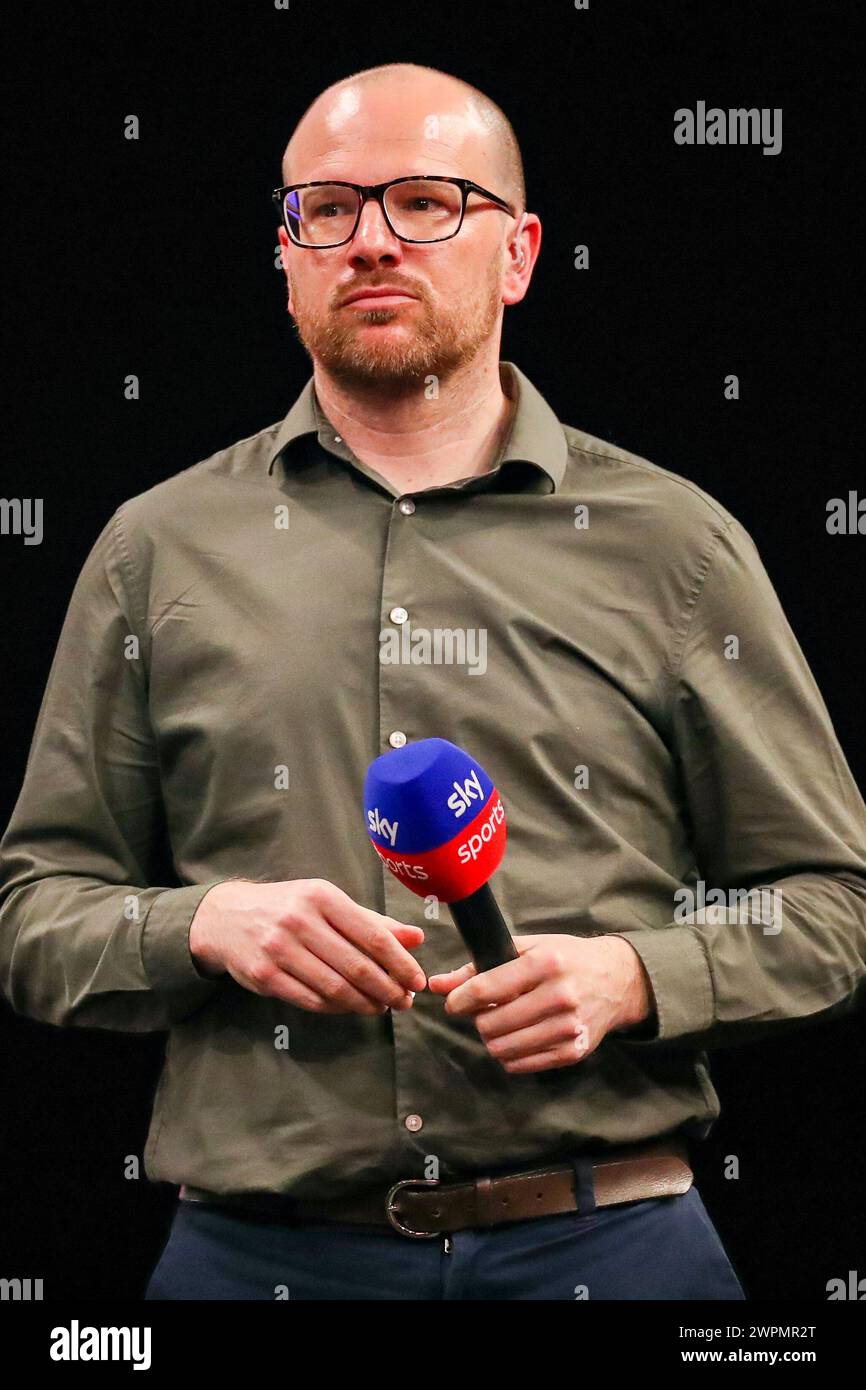 Brighton, UK. 07th Mar, 2024. Sky Sports Presenter Mark Webster during the 2024 BetMGM Premier League Darts, Night 6 at the Brighton Centre, Brighton, England, United Kingdom on 7 March 2024 Credit: Every Second Media/Alamy Live News Stock Photo