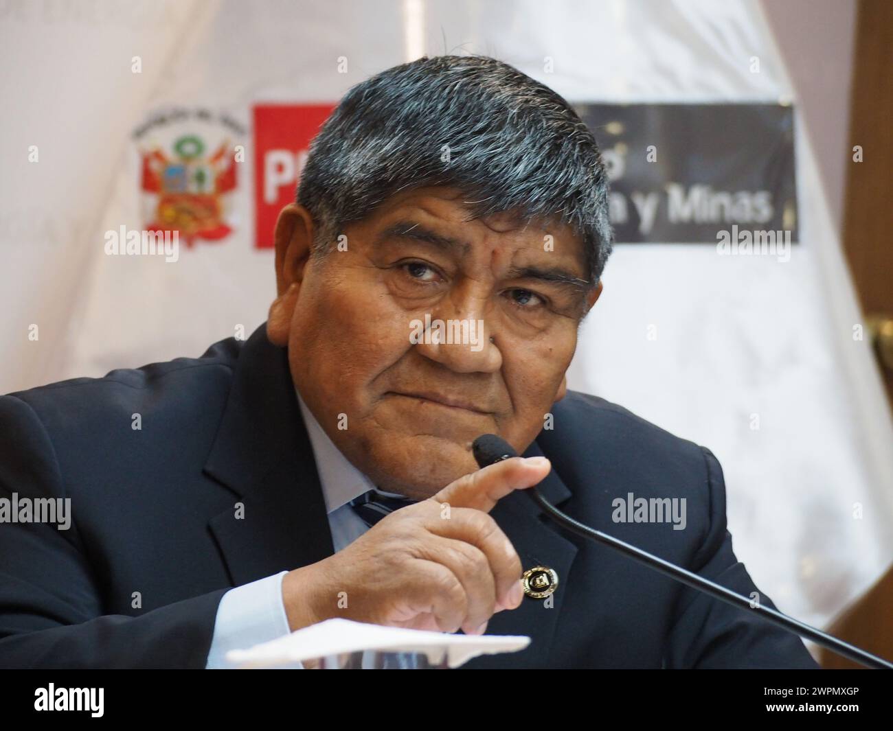 Lima, Peru. 08th Mar, 2024. Romulo Mucho Mamani, Minister of Energy and Mines of Peru, gives a press conference to foreign correspondents accredited in Peru on mining investment, mining conflicts, illegal mining, Petroperú and plans for the oil sector. Credit: Fotoholica Press Agency/Alamy Live News Stock Photo