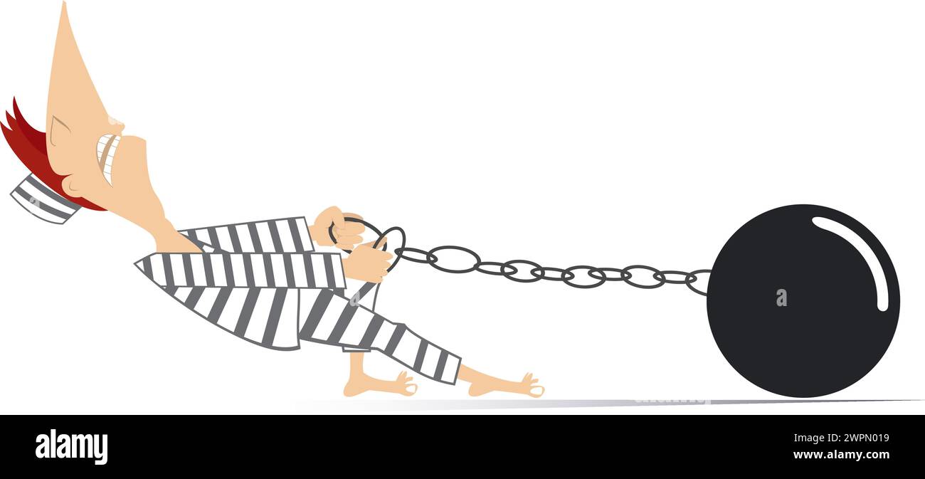 Prisoner with an iron ball chained to his foot.  Cartoon prisoner pulls an iron ball chained to his foot. Isolated on white background Stock Vector