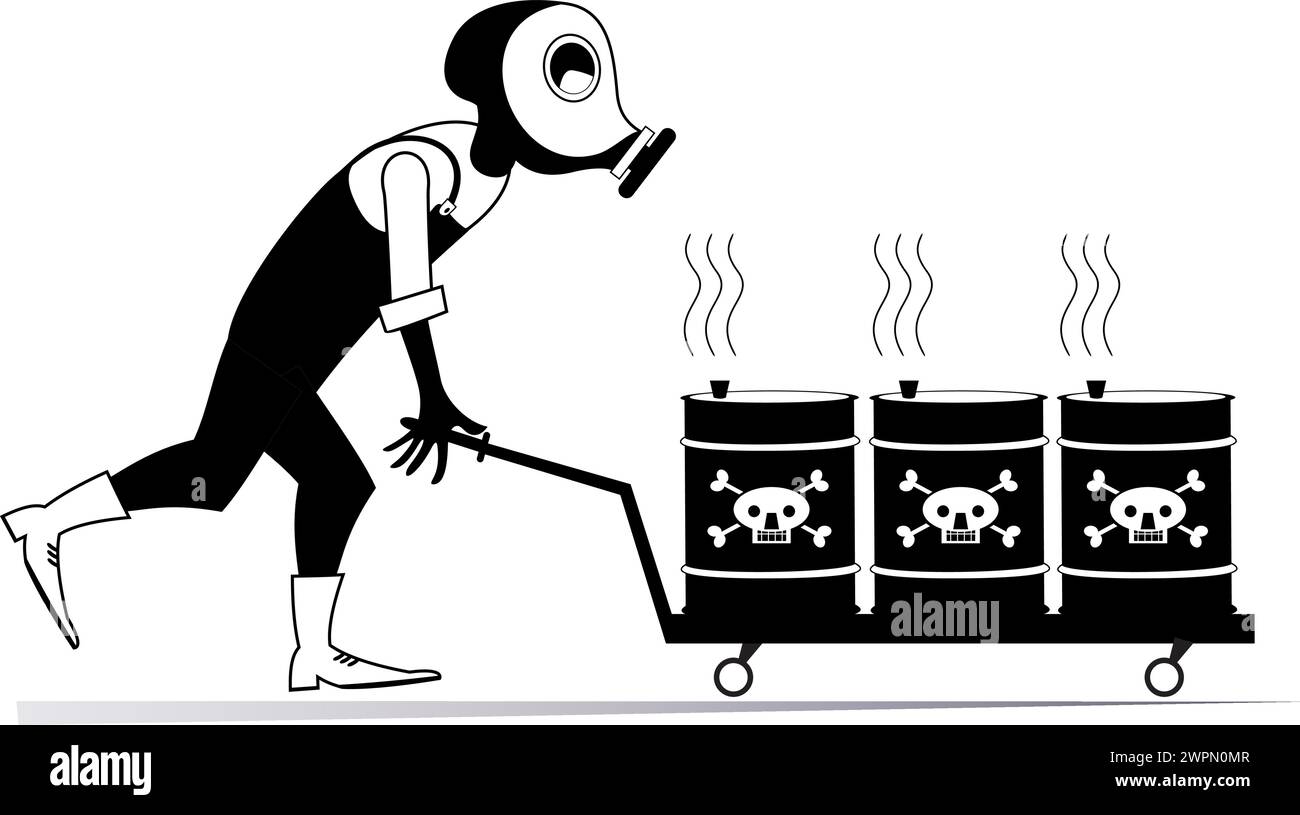 Worker with a toxic agent on the trolley. Man in the gas mask carrying