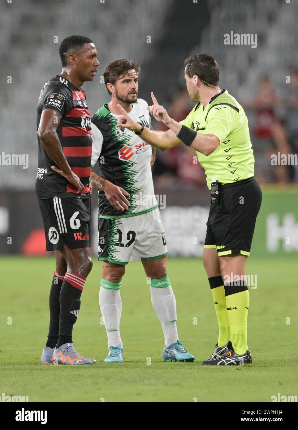 Parramatta, Australia. 08th Mar, 2024. Marcelo Antonio Guedes Filho (L) of Western Sydney Wanderers FC, Joshua Robert Risdon (M) of Western United FC team and referee Ben Abrahams (R) are seen during the Isuzu UTE A-League 2023-24 season round 20 match between Western Sydney Wanderers FC and Western United FC held at the CommBank Stadium. Final score Western United FC 3:1 Western Sydney Wanderers FC. Final score; Western United FC 3:1 Western Sydney Wanderers FC. Credit: SOPA Images Limited/Alamy Live News Stock Photo