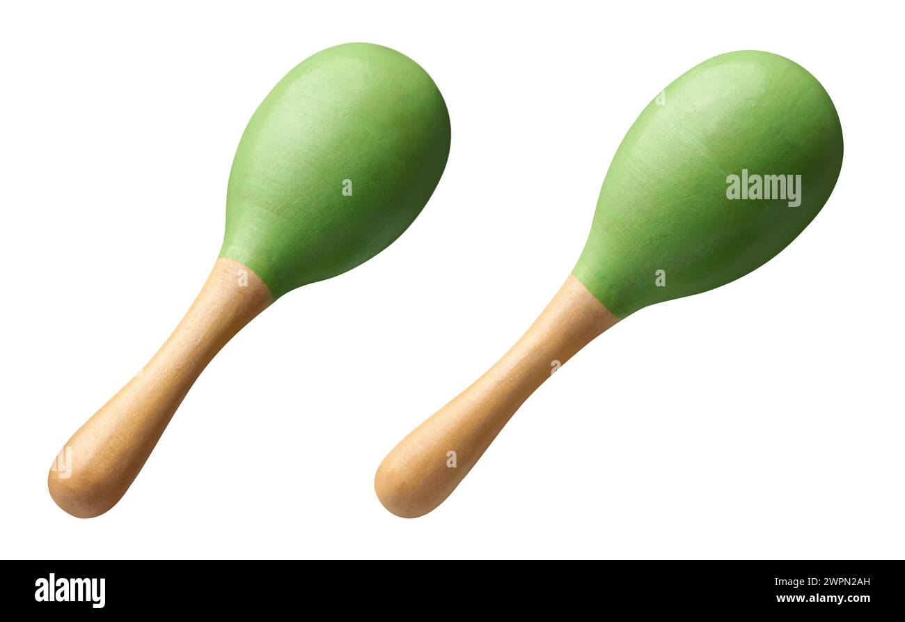 wooden maracas, rattle shaker toy for babies that provide sensory stimulation and encourage motor skill development, musical instrument isolated Stock Photo