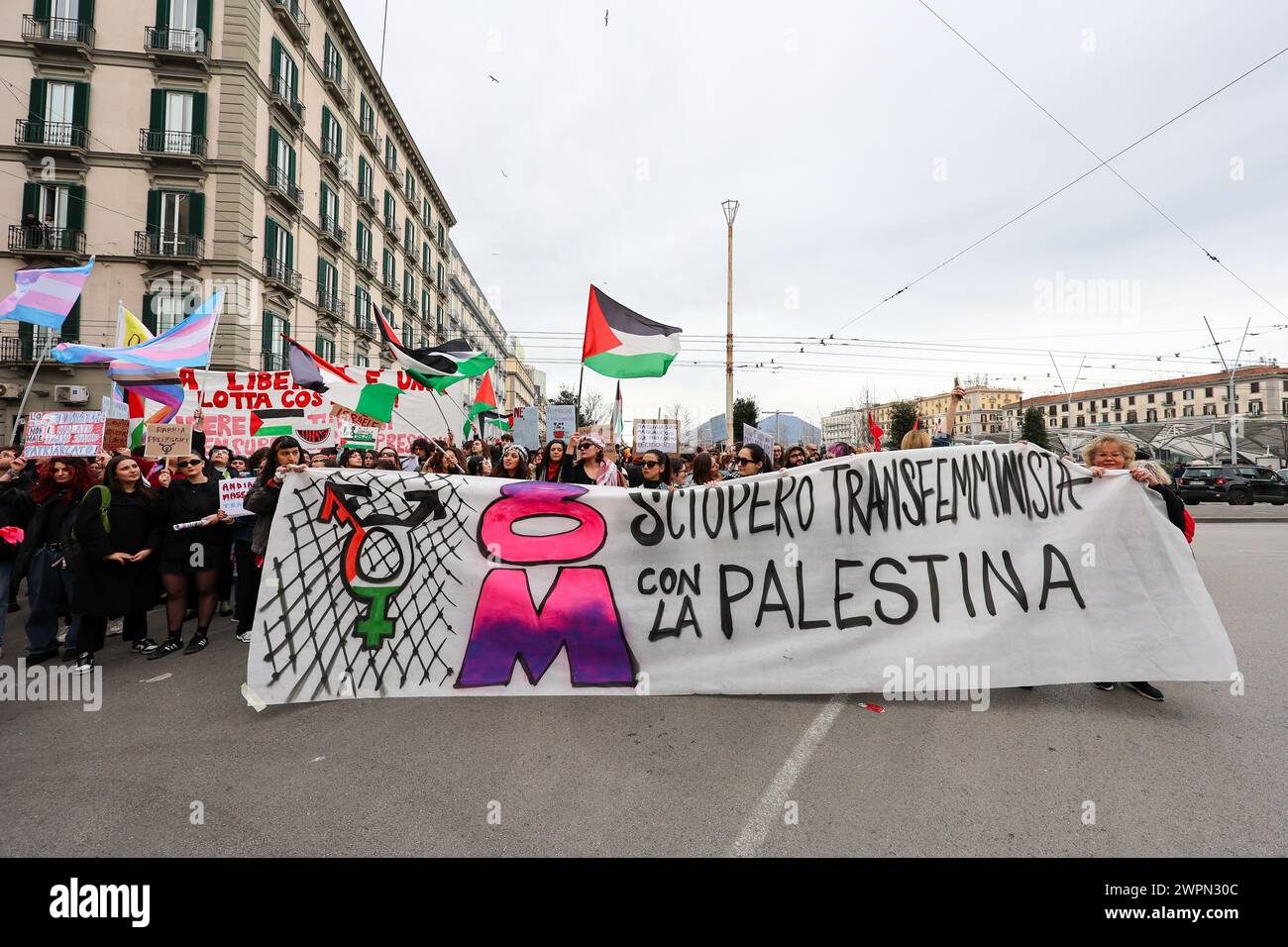 Napoli, Italy, 8 March 2024. People, with a banner, during the transfeminist demonstration for women's day, in Naples. Credit: Marco Cantile/Alamy Live News Stock Photo