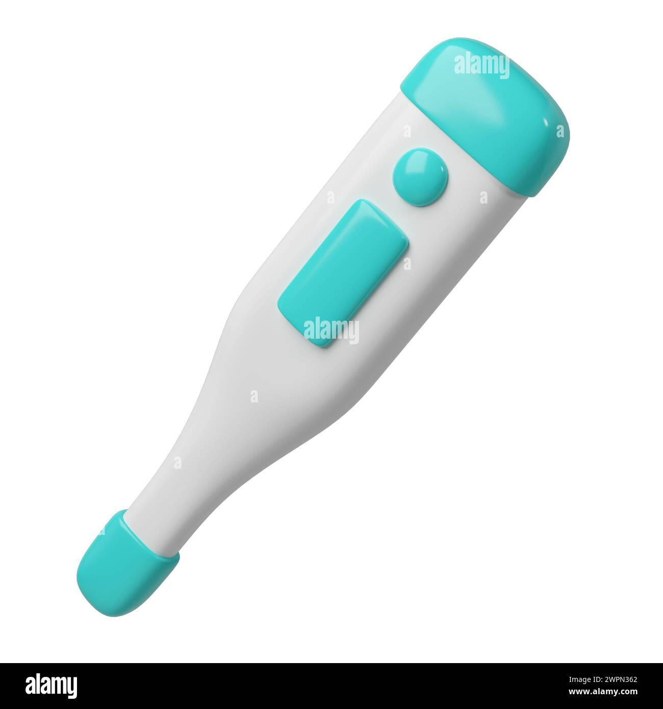 3d medical electronic thermometer icon. Rendering illustration of medicine diagnostic instrument to temperature measurement in turquoise color. Cute Stock Photo