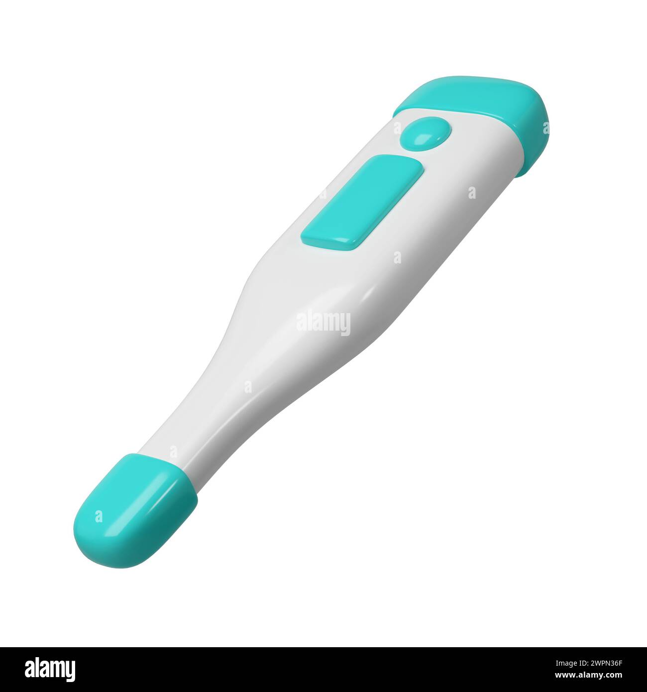 3d medical electronic thermometer. Rendering illustration of medicine diagnostic instrument to temperature measurement in turquoise color. Cute Stock Photo