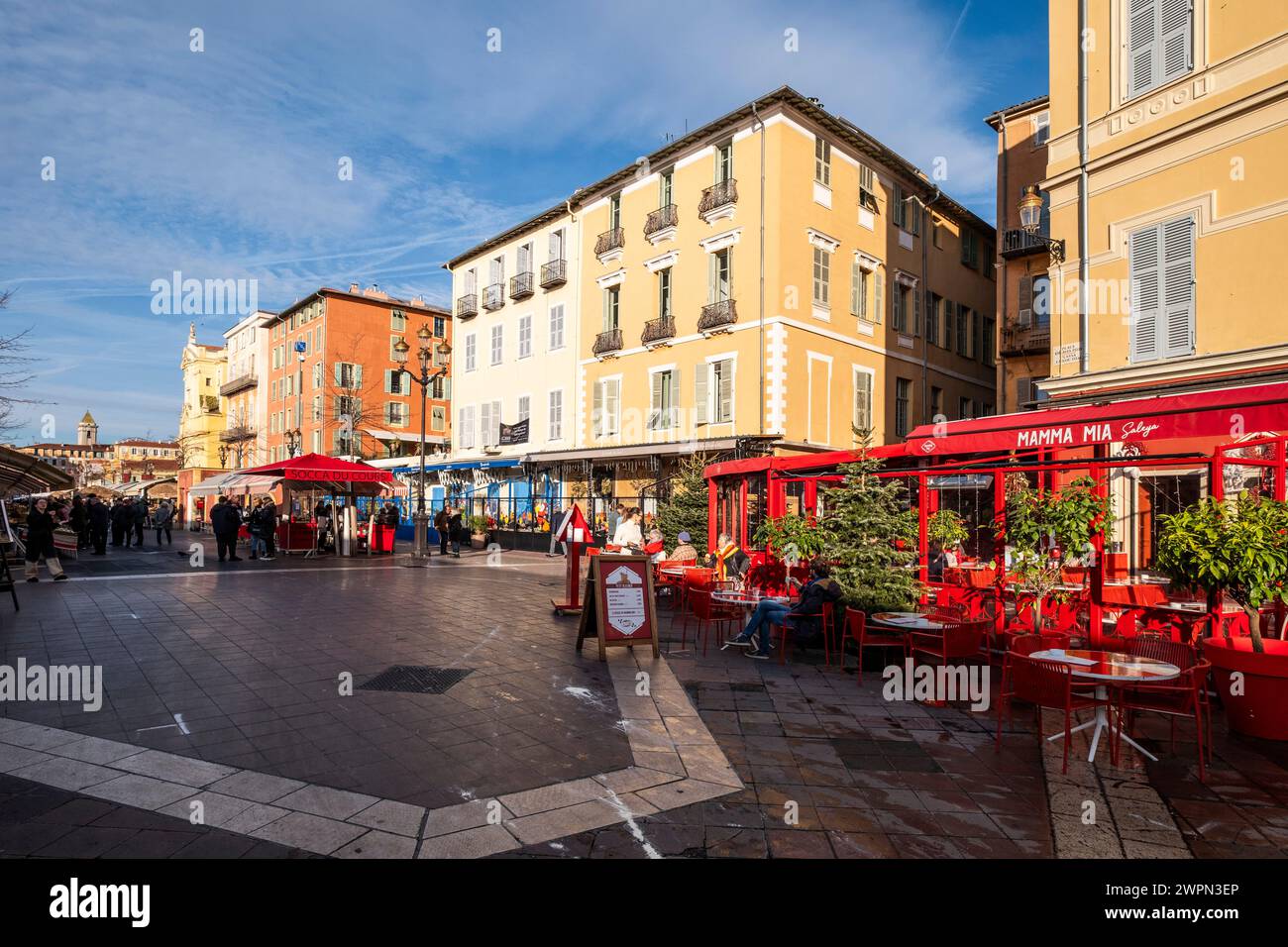 Cafes at the flower market in Nice, Nice in winter, South of France, Cote d'Azur, France, Europe Stock Photo