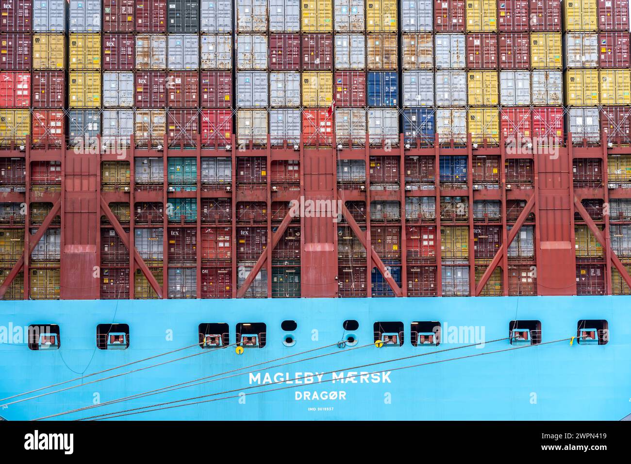 Magleby Maersk container freighter at EUROGATE Container Terminal, Waltershofer Hafen, is one of the largest container ships in the world, capacity of Stock Photo