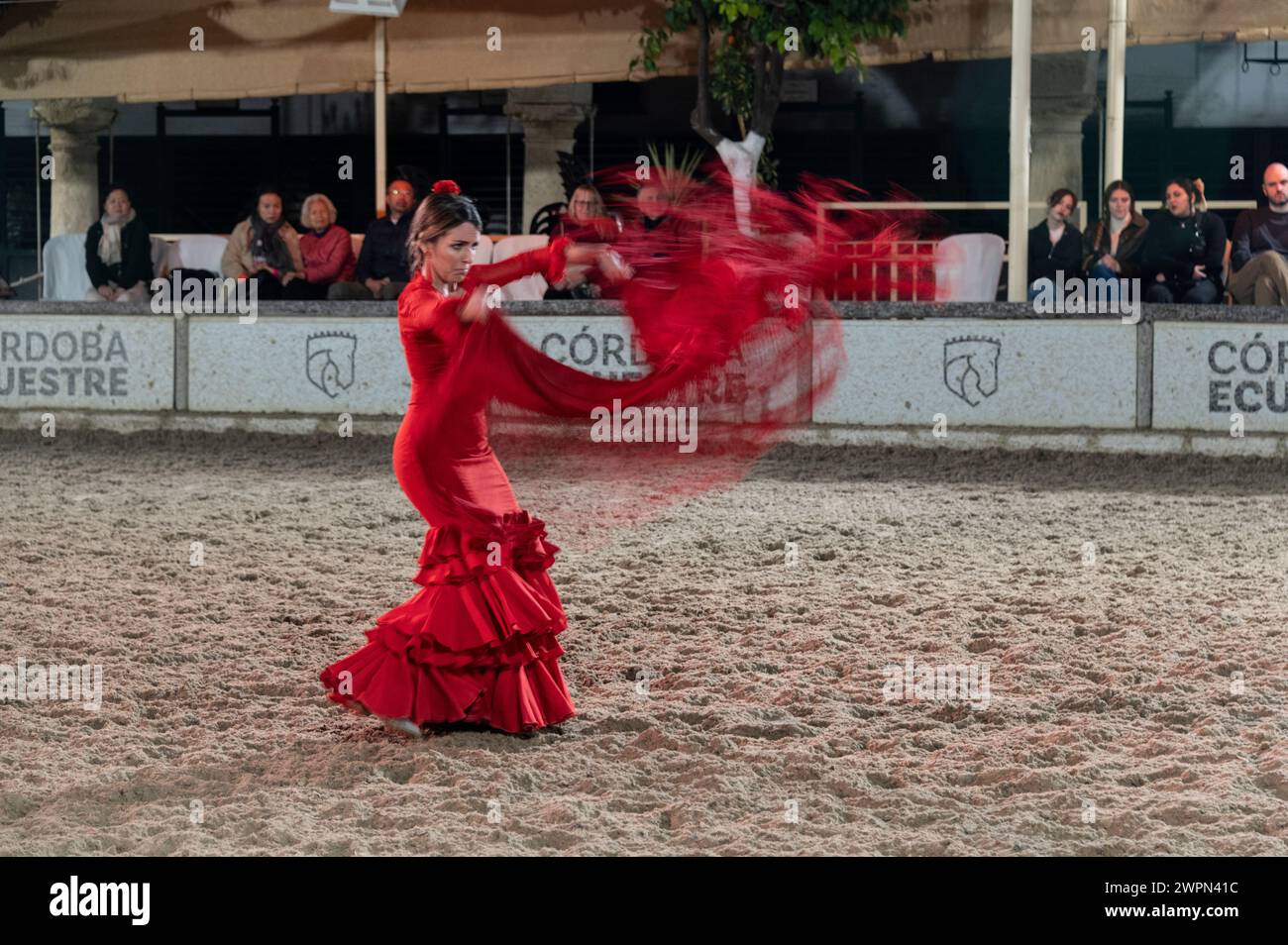 Las Caballerizas Reales de Cordoba (The Royal Stables of Cordoba)    A flamenco dancer taking part in a dance with an Andalusian horse and rider in th Stock Photo