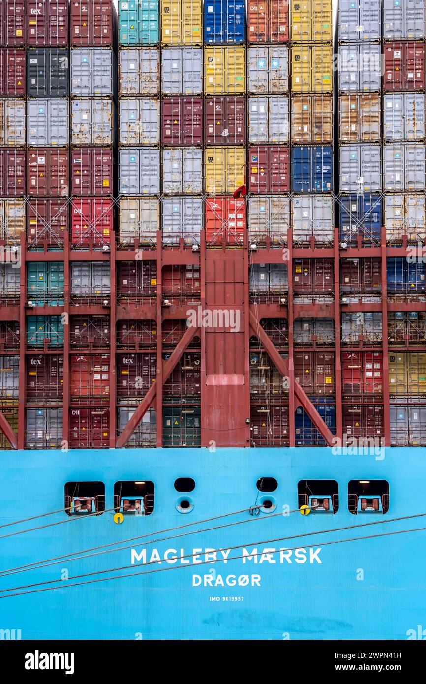 Magleby Maersk container freighter at EUROGATE Container Terminal, Waltershofer Hafen, is one of the largest container ships in the world, capacity of Stock Photo