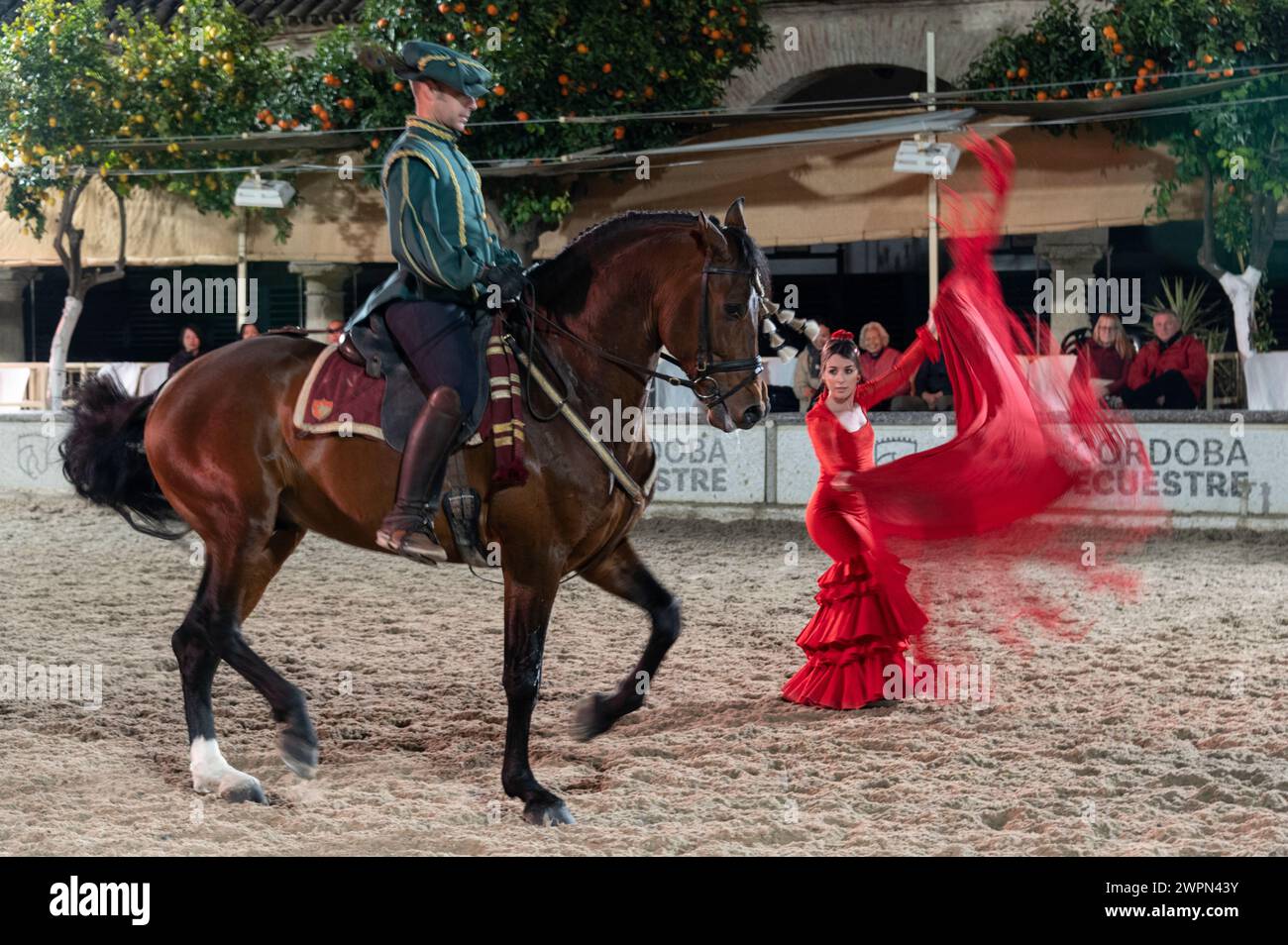 Las Caballerizas Reales de Cordoba (The Royal Stables of Cordoba)    A rider wearing the uniform of ‘Traje 20 aniversario,’ on his horse performing a Stock Photo
