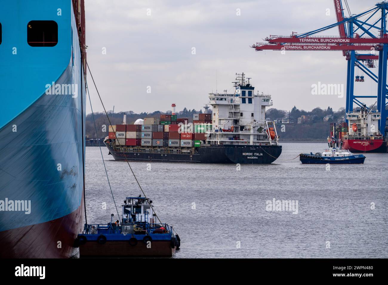 Feeder vessel, Nordic Italia leaves EUROGATE Container Terminal, Waltershofer Hafen, Hamburg, Germany Stock Photo
