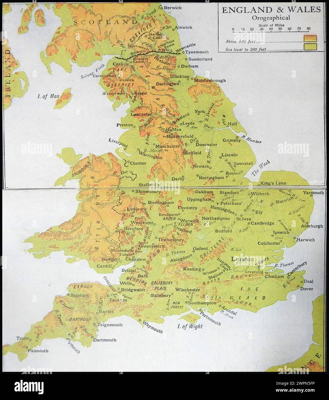n old 1946 coloured schoolbook map showing the old counties of England (Orographical) Stock Photo