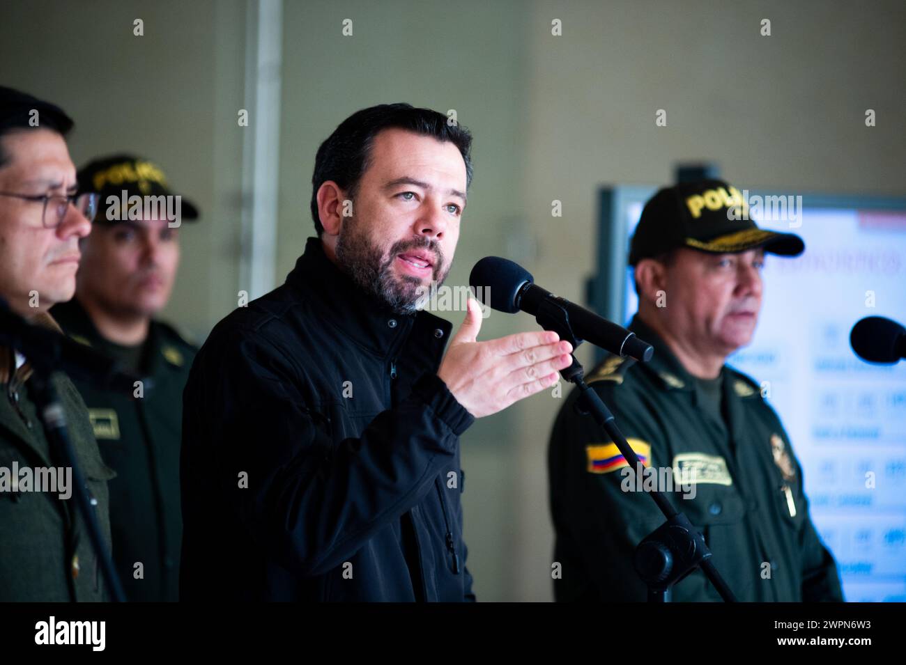 Bogota, Colombia. 08th Mar, 2024. Bogota's Mayor Carlos Fernando Galan is speaking to the media about Bogota's advancements and cases following a security council in Bogota, Colombia, on March 8, 2024. Photo by: Chepa Beltran/Long Visual Press Credit: Long Visual Press/Alamy Live News Stock Photo