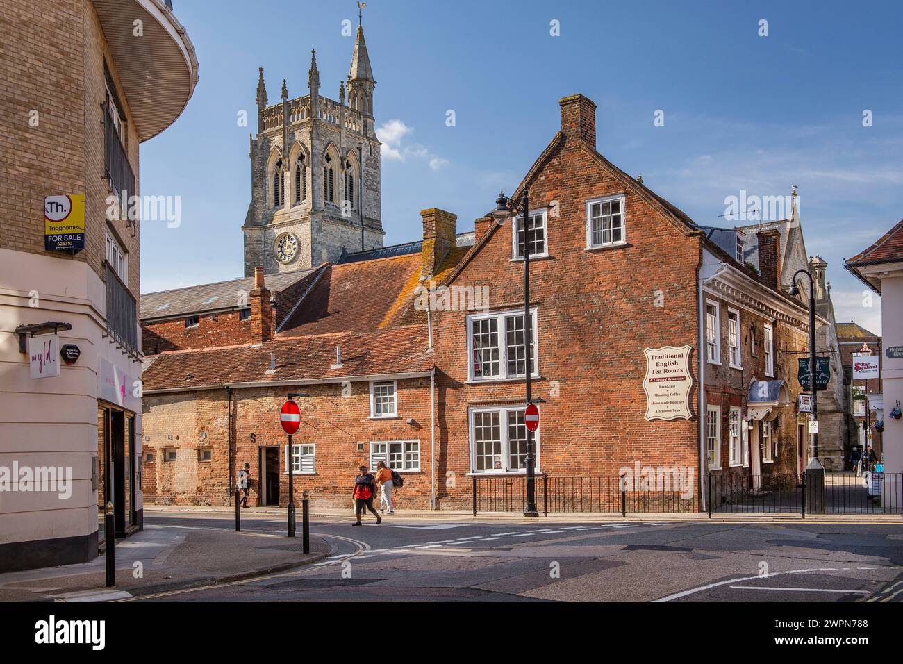 Old Town Street with tower of the town church of the island's capital, Newport, Isle of Wight, Hampshire, Great Britain, England Stock Photo