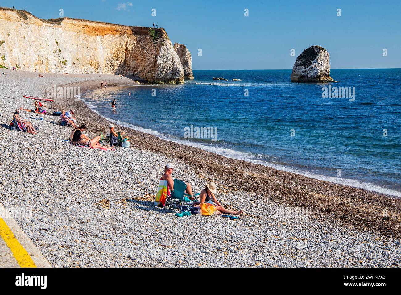 Beach with cliffs at Freshwater Bay, Freshwater, Isle of Wight, Hampshire, Great Britain, England Stock Photo