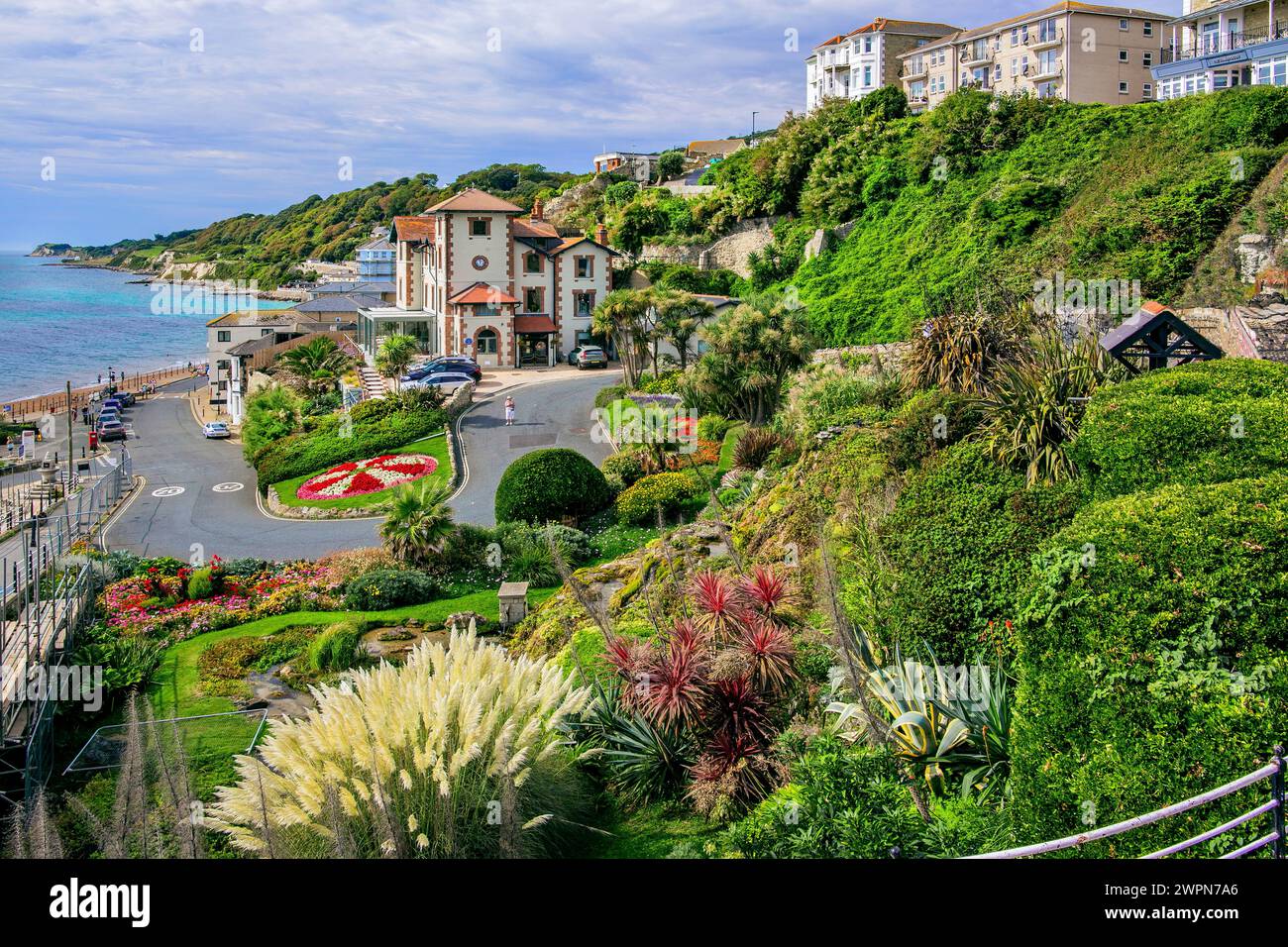 Flower slope with beach cove in the seaside resort of Ventnor, Isle of Wight, Hampshire, Great Britain, England Stock Photo