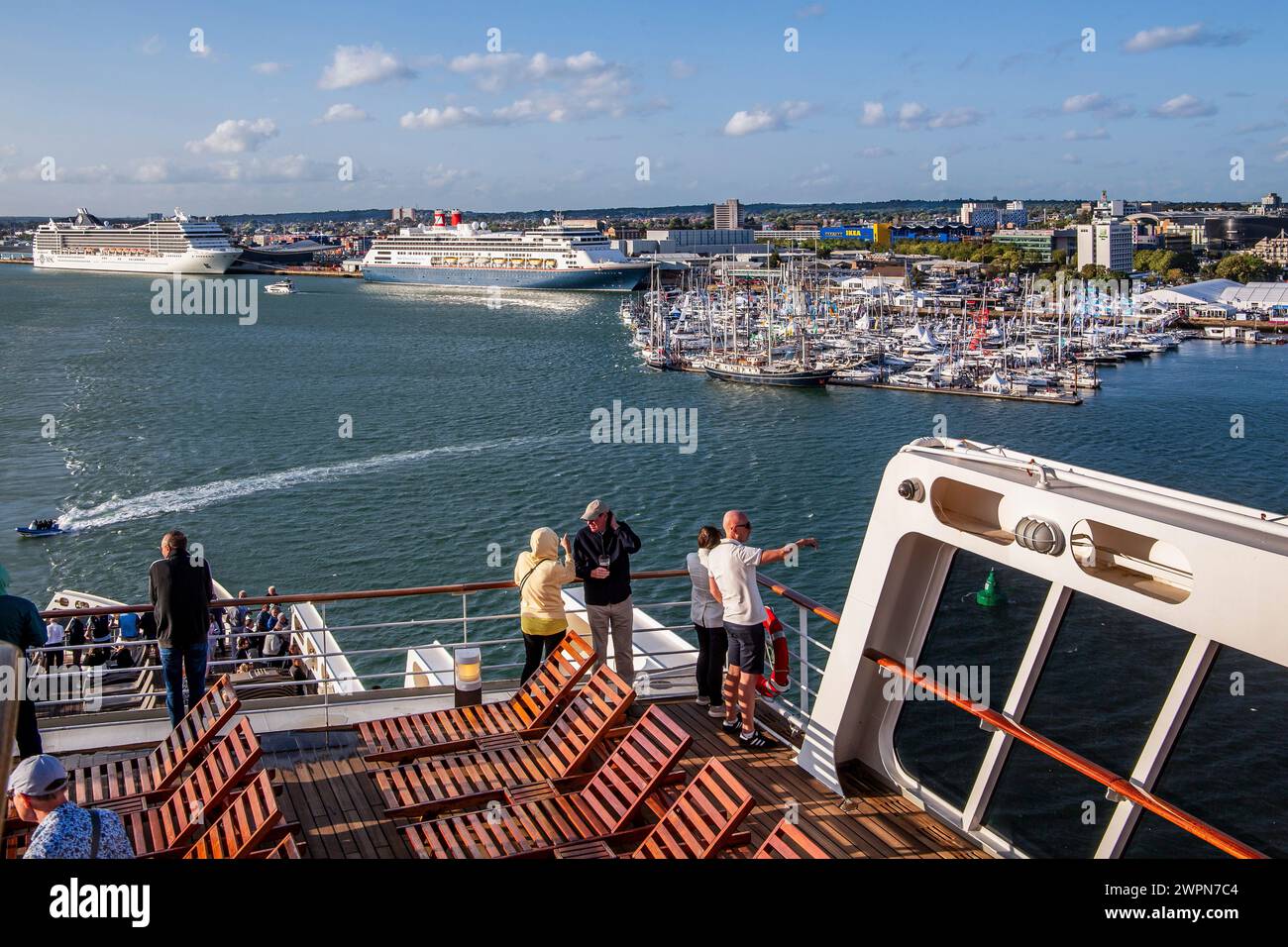 Sun deck of the Queen Mary 2 with cruise ships in the harbor, Southampton, Hampshire, Great Britain, England Stock Photo