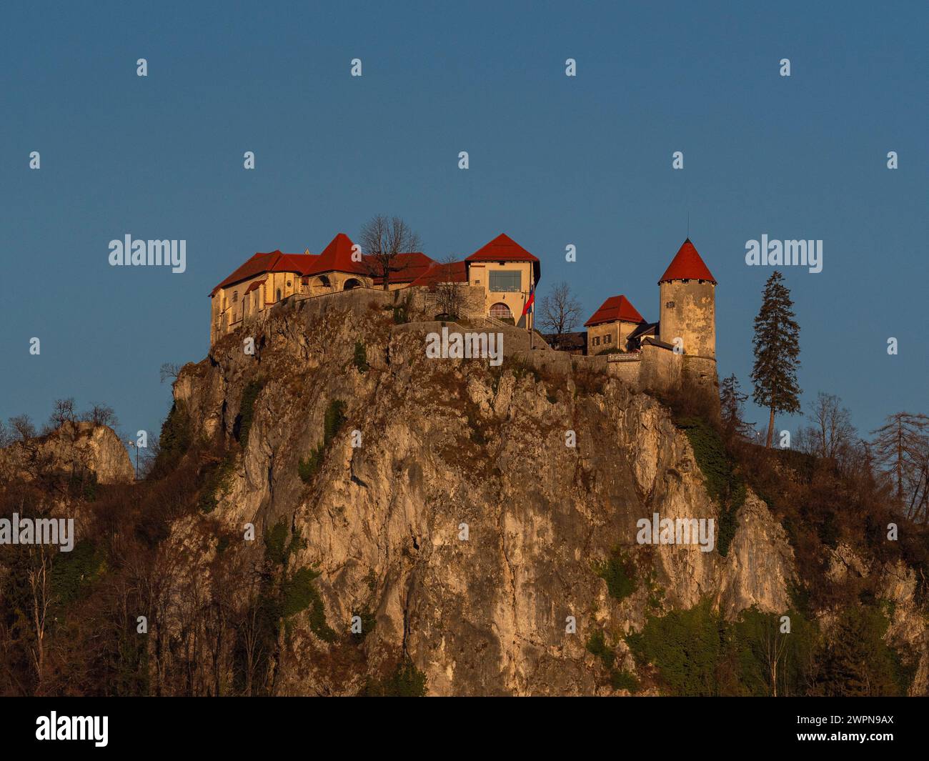 Bled Castle, originally called Veldes Castle, is a medieval hilltop castle near the Slovenian town of Bled. It rises on a 139-metre-high rock above Lake Bled and is considered the oldest castle in Slovenia. Stock Photo