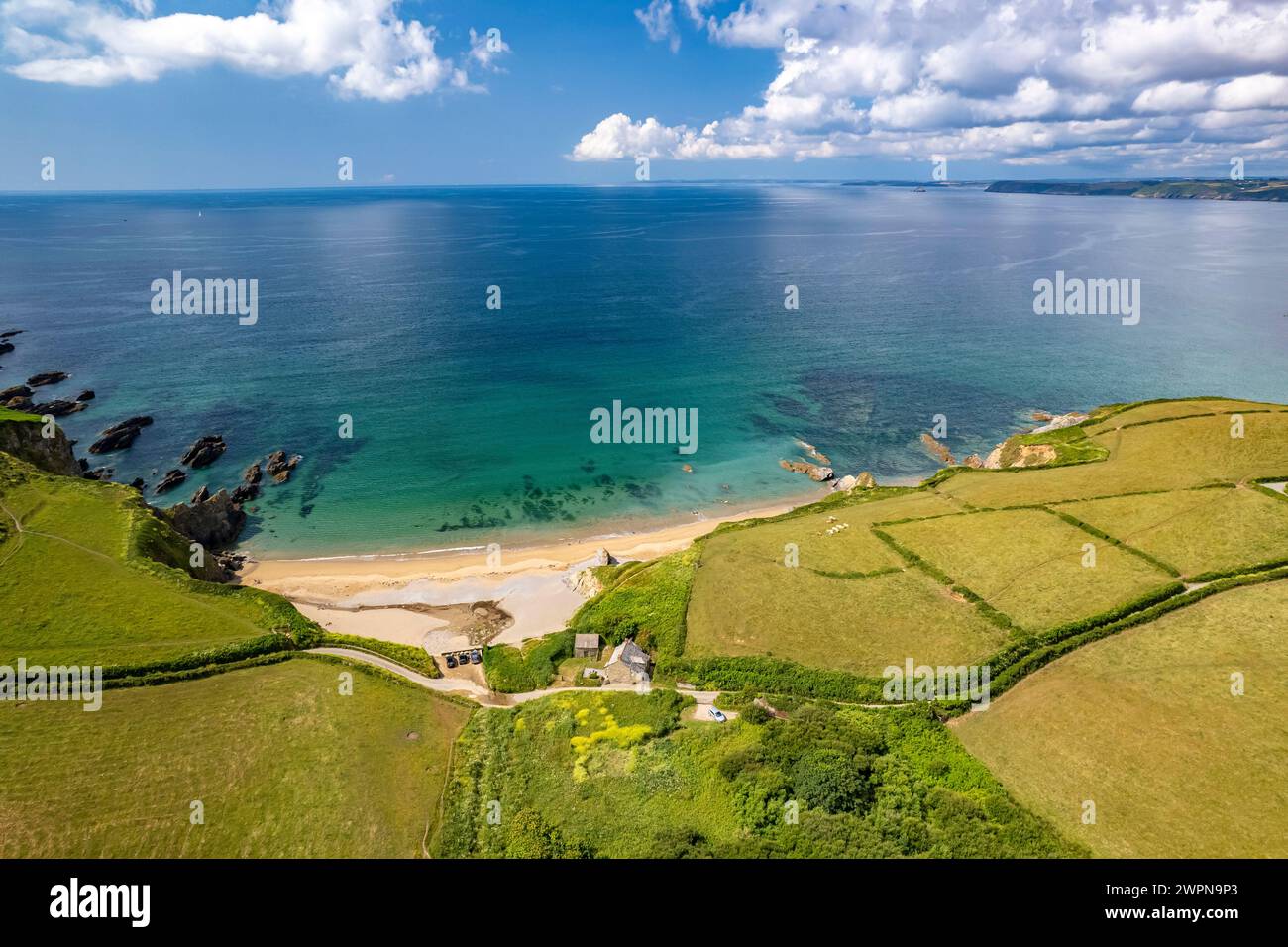 Hemmick Beach and the coast of St Austell seen from the air, Cornwall, England, Great Britain, Europe Stock Photo