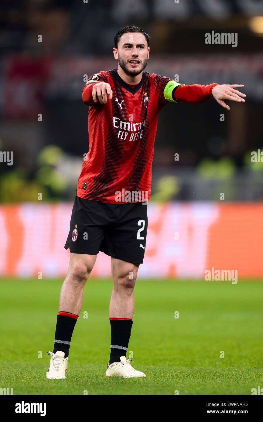 Milan, Italy. 7 March 2024. Davide Calabria of AC Milan gestures during the UEFA Europa League round of 16 first leg football match between AC Milan and SK Slavia Praha. Credit: Nicolò Campo/Alamy Live News Stock Photo
