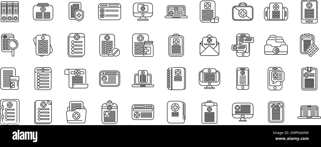 Treatment history icons set outline vector. Doctor technology ...