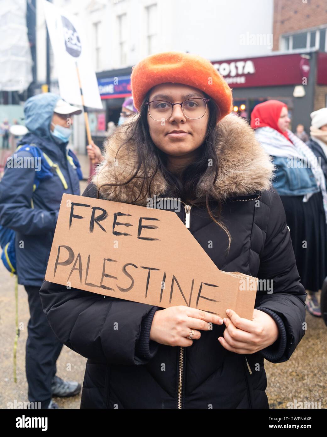 Young woman take part in Pro Palestine Protest, 16 December 2023 , in Southampton, United Kingdom Stock Photo