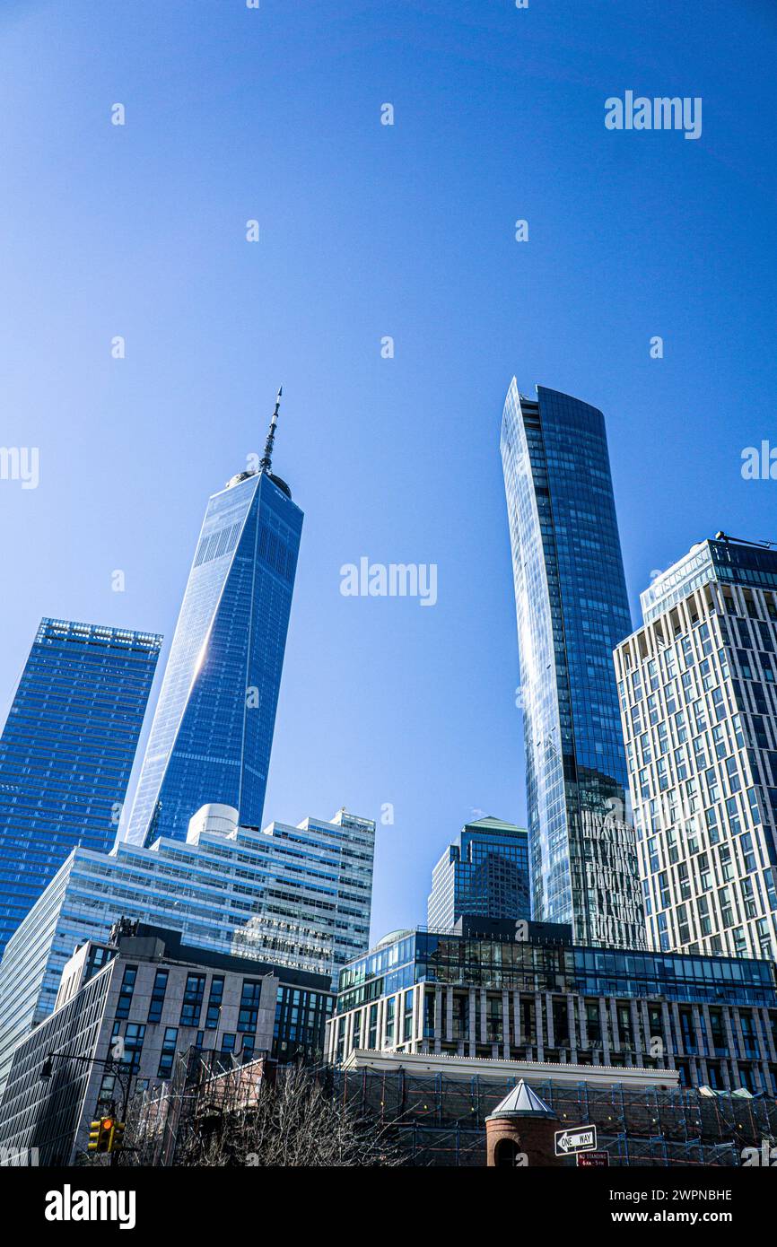 Low angle view of cityscape with 1 World Trade Center (left) and 111 Murray Street (right), New York City, New York, USA Stock Photo