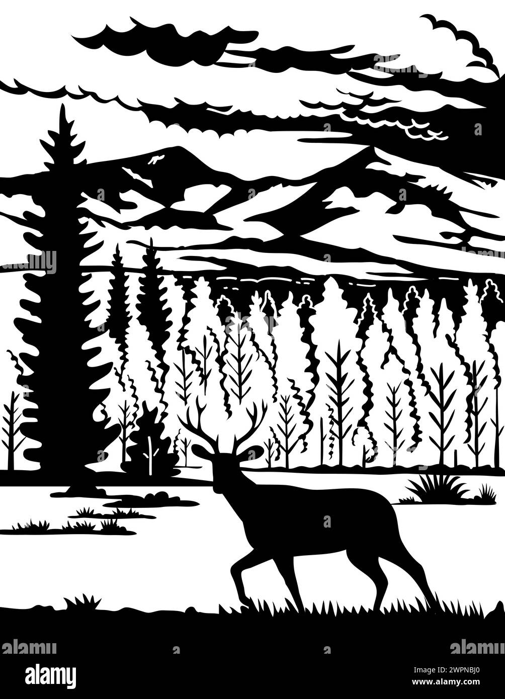 Swiss scherenschnitte or scissors cut illustration of silhouette of a mule deer in Capitan Mountains in Lincoln County, New Mexico, United States USA Stock Photo