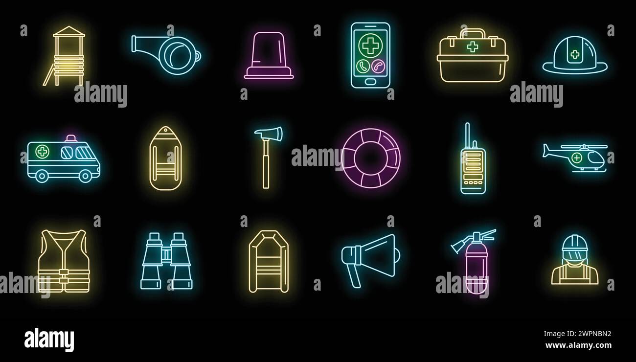 Rescuer icons set outline vector. Hurricane flood. People victim neon ...