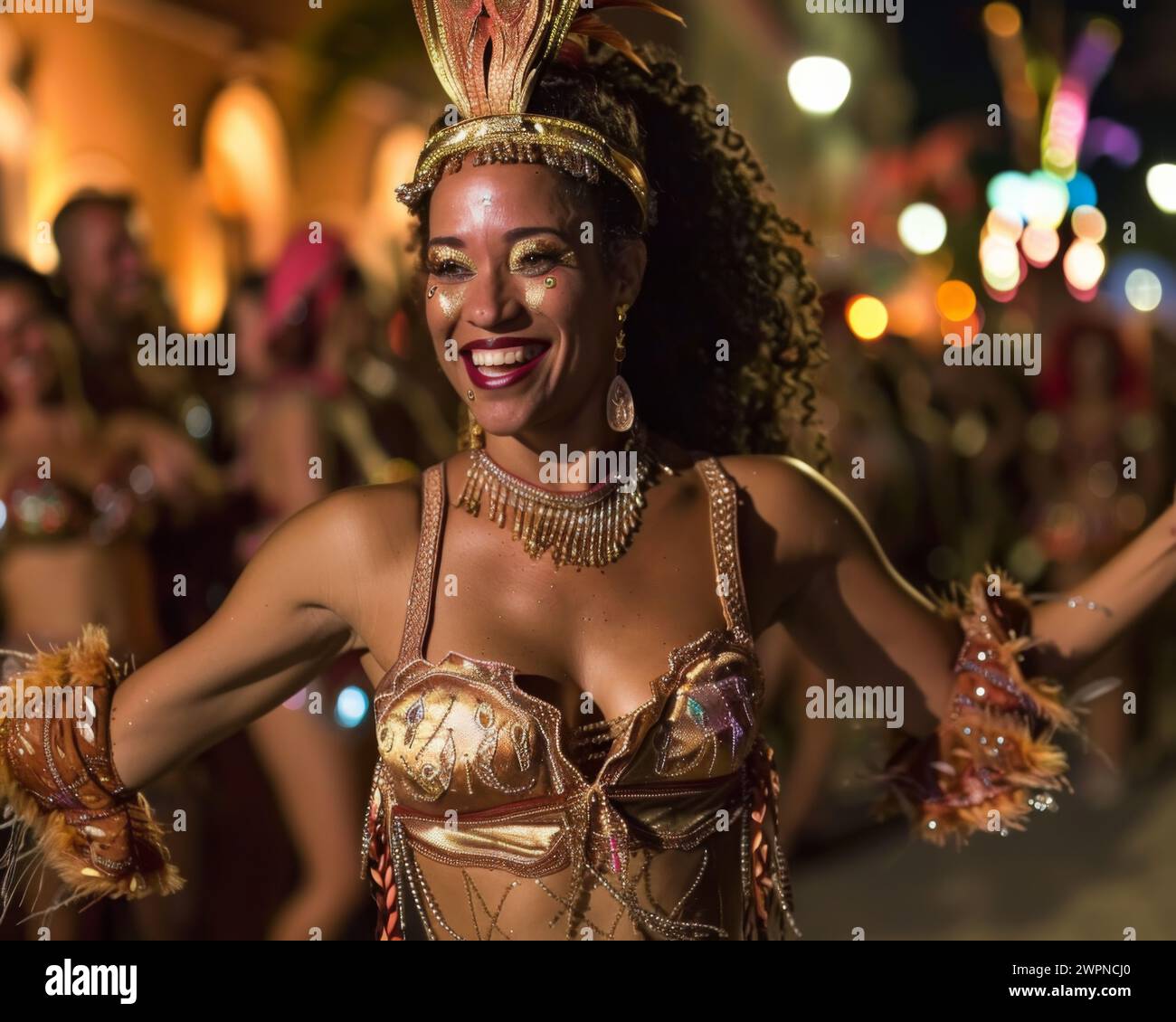 A woman in a costume dances energetically on a vibrant city street. Stock Photo
