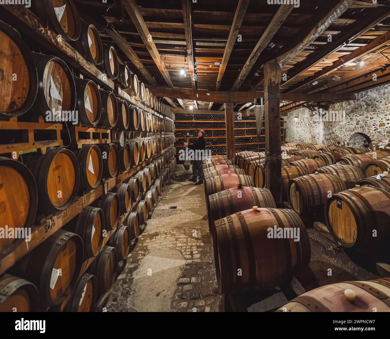 Many wooden barrels arranged in a room. Stock Photo