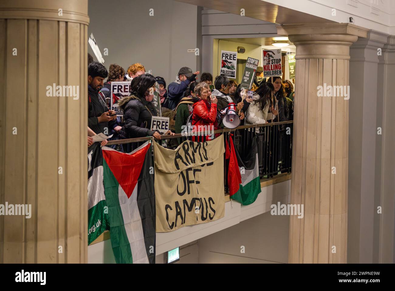 Leeds, UK. 08 MAR, 2024. Pro Palestine protestors occupy the University of Leeds, Security had tried to stop the protestors from getting in by locking the doors following occupation on friday but a hundred or more protestors were able to remain in occupation. Protestors had previously set up tents and airbeds and plan to occupy indefinitely. Credit Milo Chandler/Alamy Live News Stock Photo