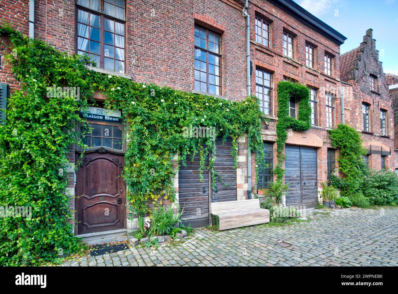 Maison Bleue, house facade, Lieve Canal, architecture, neighborhood, view, Ghent, East Flanders, Belgium, Stock Photo