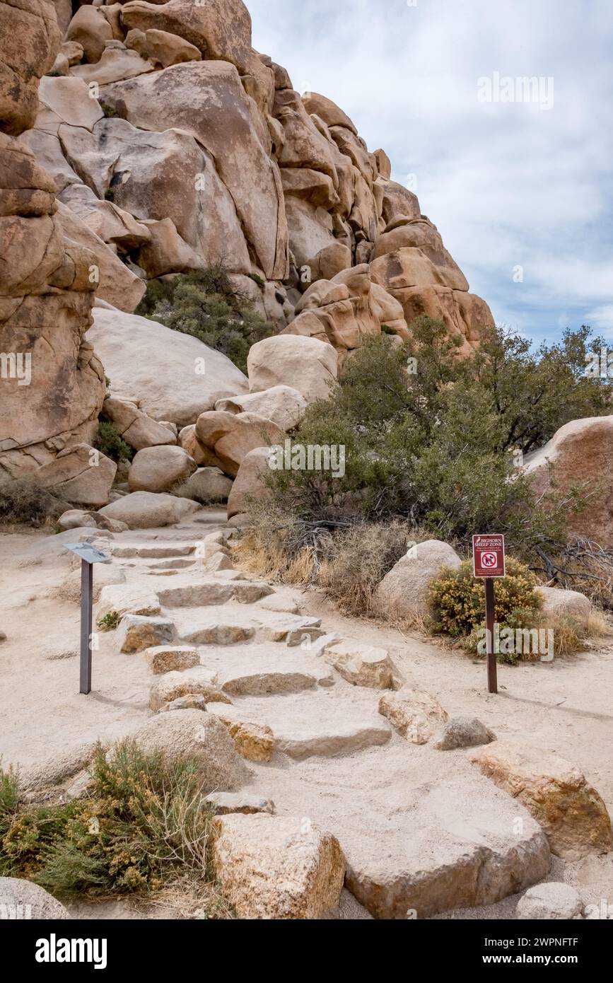 Uneven rocky steps lead to entrance of Hidden Valley Nature Trail, a family friendly educational path and easy hike in Joshua Tree National Park. Stock Photo