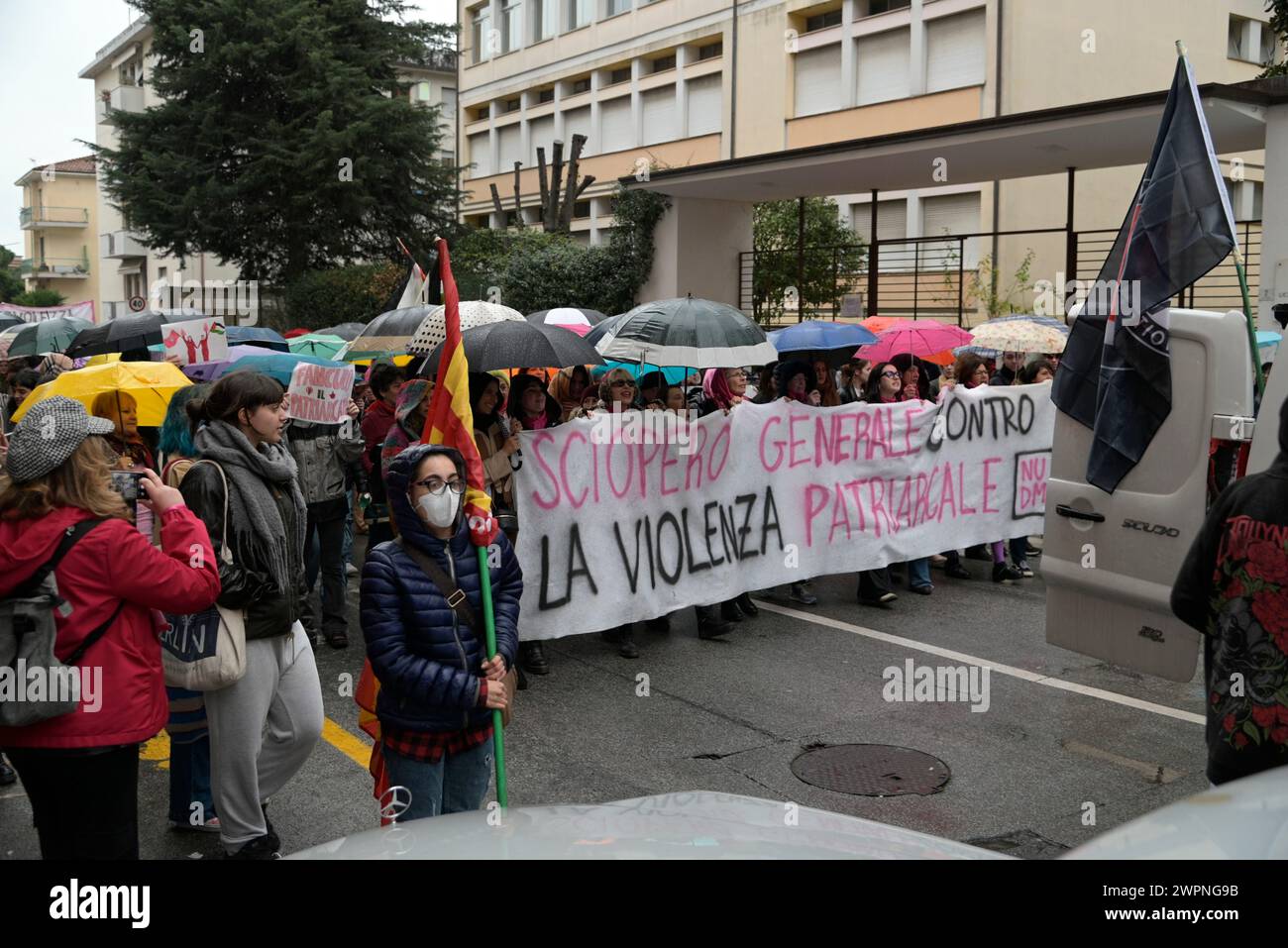 Massa, Massa-Carrara, Tuscany, Italy, 8th March, 2024. A demonstration in the streets of the city. Eight points for the Eighth of March. General Strike Against Patriarchal Violence by Non una di meno Massa Carrara, the feminist collective, intersectional and eco-feminist space that distances itself from serial haters and condemns all forms of violence, including verbal violence. On 8th March, strike against patriarchal violence in all its forms! Credit: Paolo Maggiani/Alamy Live News Stock Photo