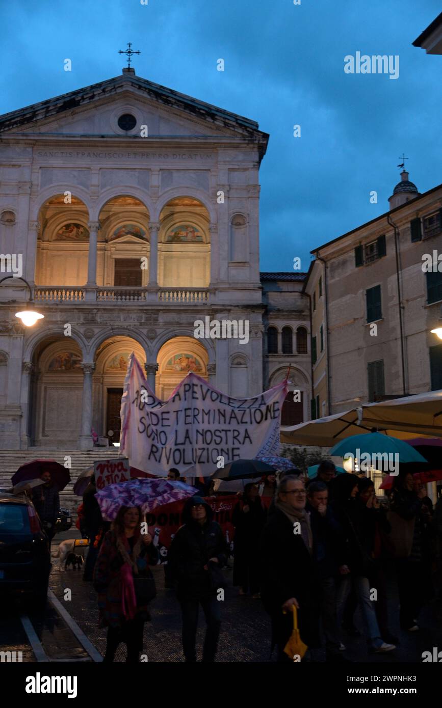 Massa, Massa-Carrara, Tuscany, Italy, 8th March, 2024. A demonstration in the streets of the city. Eight points for the Eighth of March. General Strike Against Patriarchal Violence by Non una di meno Massa Carrara, the feminist collective, intersectional and eco-feminist space that distances itself from serial haters and condemns all forms of violence, including verbal violence. On 8th March, strike against patriarchal violence in all its forms! Credit: Paolo Maggiani/Alamy Live News Stock Photo