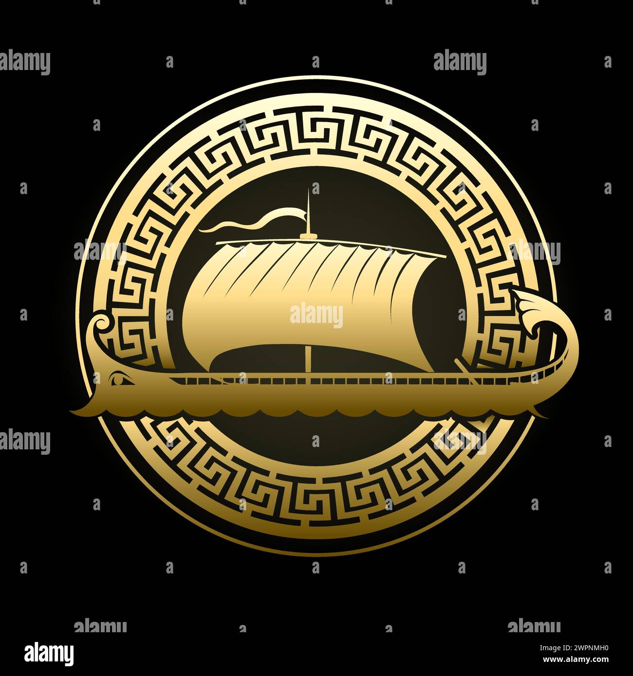 Golden Ancient Greek Galley in Meandre Circle Isolated on Black Background vector illustration. No AI was used. Stock Vector