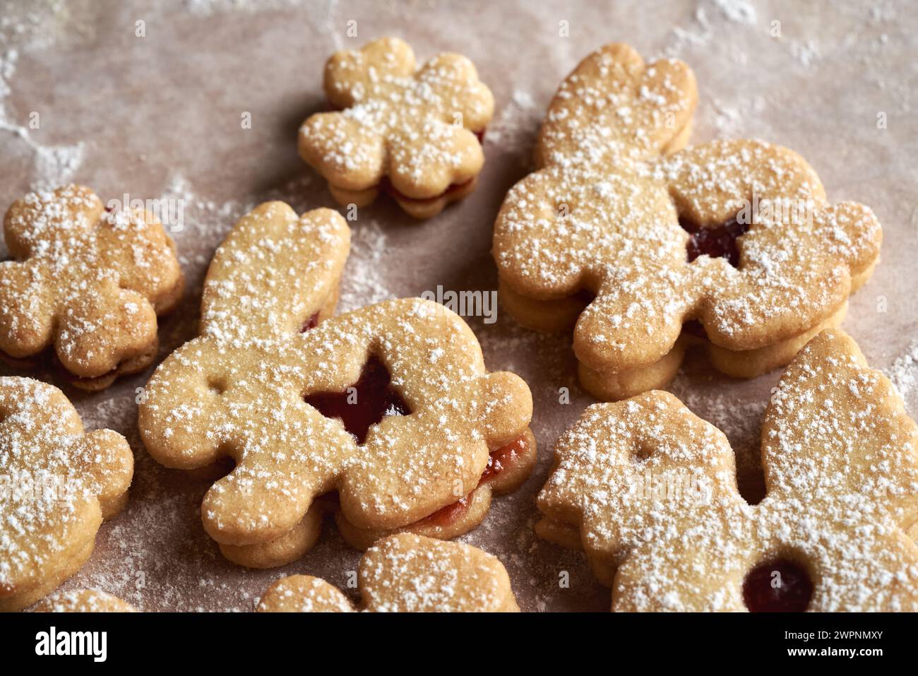 Animal shaped homemade Linzer Easter cookies, close up Stock Photo