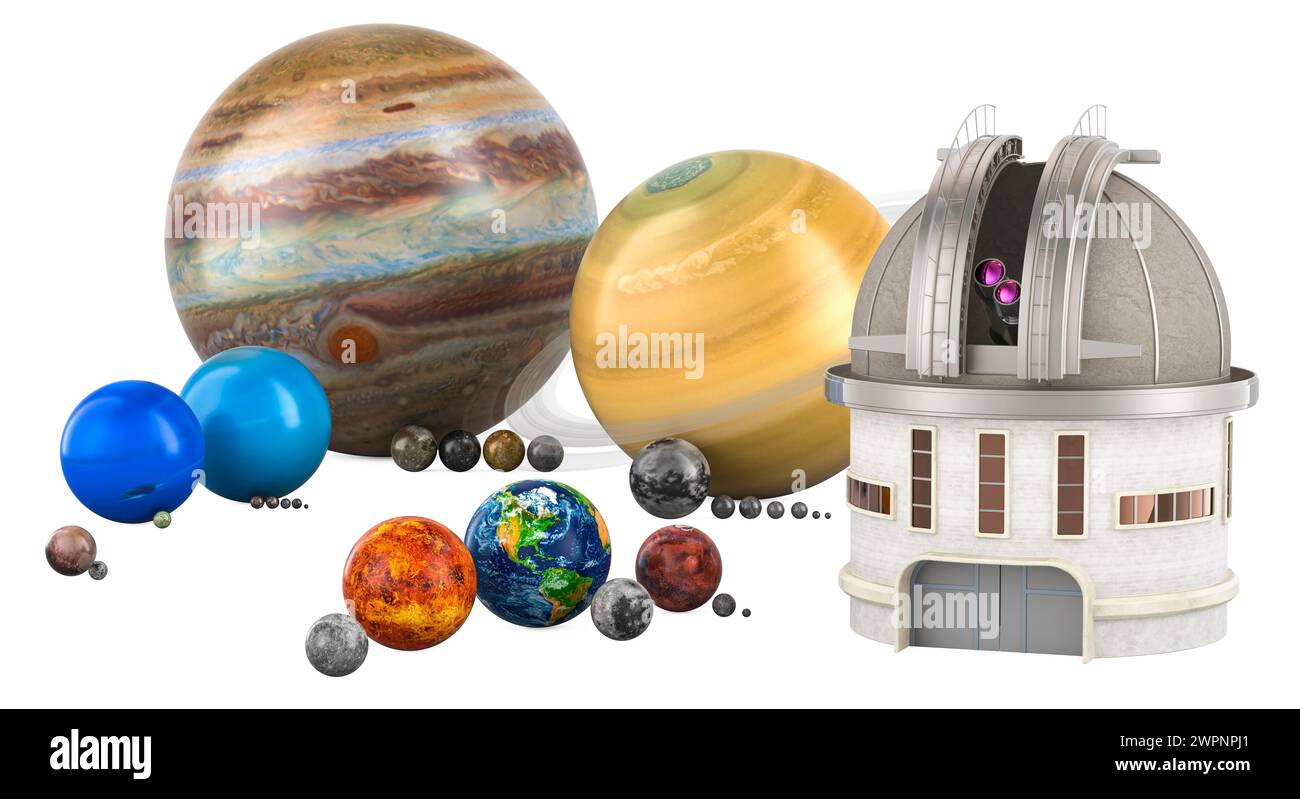 Observatory with planets and satellites of the solar system, 3D rendering isolated on white background Stock Photo