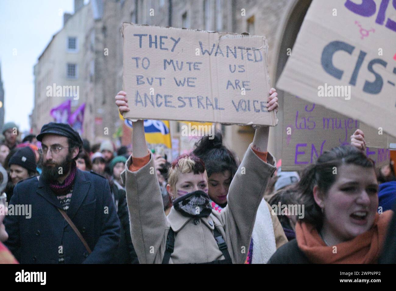 Edinburgh Scotland, UK 08 March 2024. International Women’s Day 2024 March with participants gathering at the Mecat Cross and marching to the Scottish Parliament.  credit sst/alamy live news Stock Photo