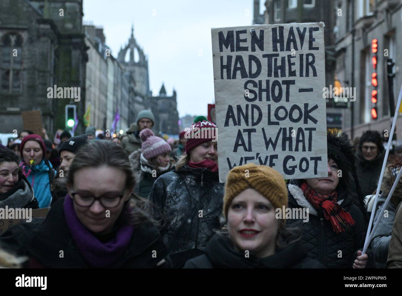 Edinburgh Scotland, UK 08 March 2024. International Women’s Day 2024 March with participants gathering at the Mecat Cross and marching to the Scottish Parliament.  credit sst/alamy live news Stock Photo