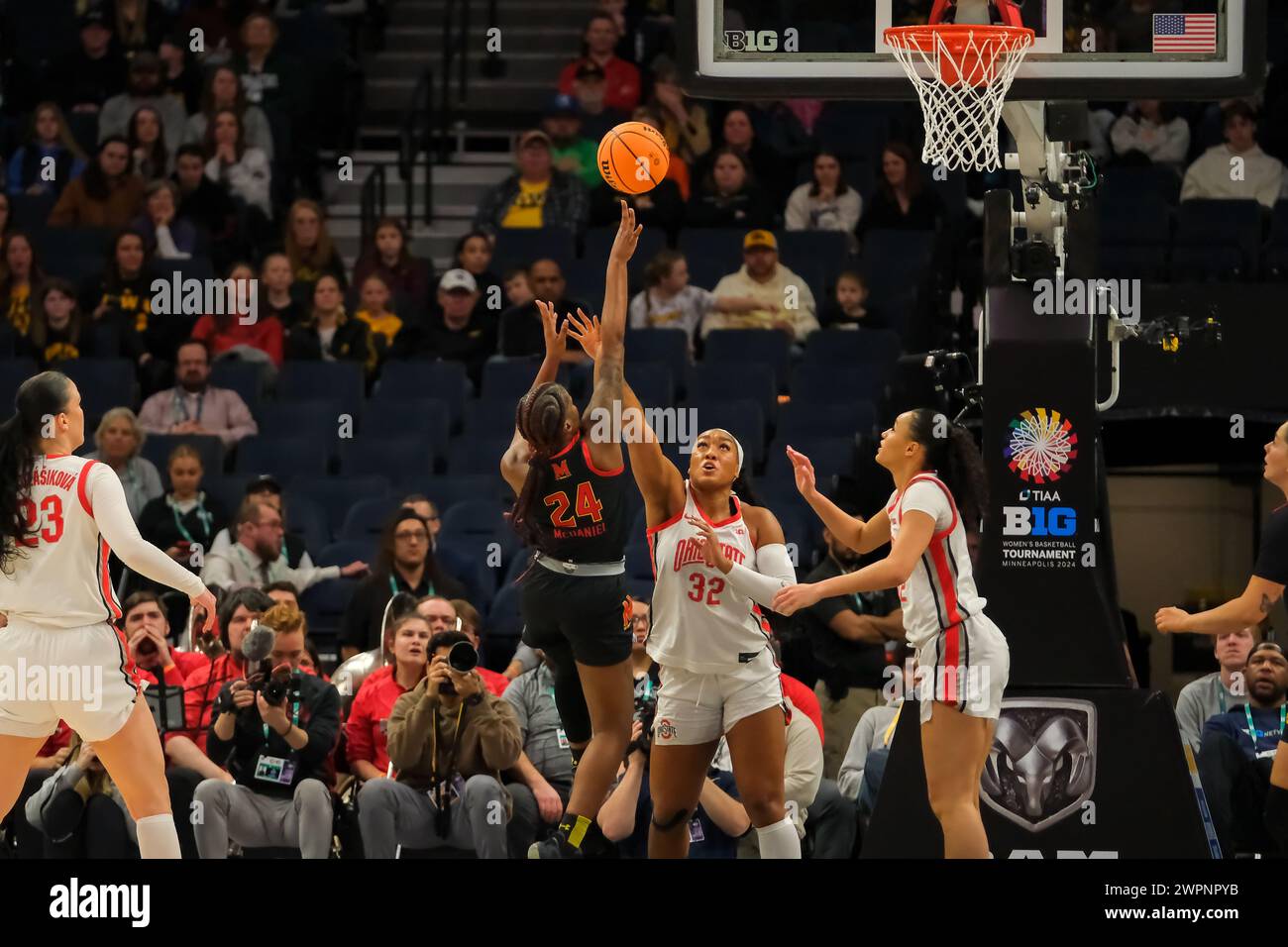 Minneapolis, Minnesota, USA. 8th Mar, 2024. Maryland Terrapins guard BRI MCDANIEL (24) shoots for 2 during a quarterfinal game between Ohio State and Maryland at the 2024 TIAA Big10 Women's Basketball Tournament at Target Center on March 8th, 2024. Maryland won 82-61. (Credit Image: © Steven Garcia/ZUMA Press Wire) EDITORIAL USAGE ONLY! Not for Commercial USAGE! Stock Photo